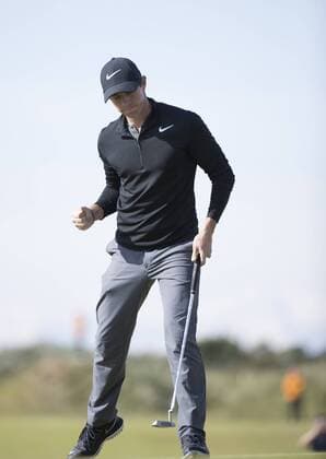 Rory McIlroy celebrates a birdie on the 9th at the 146th Open Championship at Royal Birkdale Golf Club, Southport, England on July 22, 2017.  LON2017072203 HugoxPhilpott