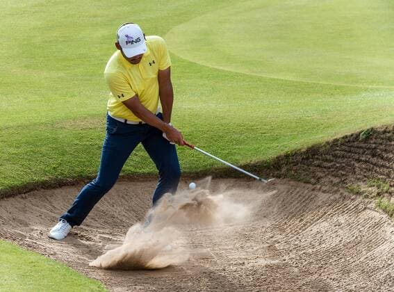 22nd July 2017, Royal Birkdale Golf Club, Southport, England; The 146th Open Golf Championship, third round ; Chan Kim (KOR) splashes out of the sand at the 18th green xDavidxBlunsdenx  ActionPlus11905246