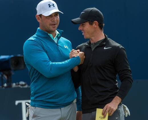 22nd July 2017, Royal Birkdale Golf Club, Southport, England; The 146th Open Golf Championship, third round ; Gary Woodland (USA) and Rory McIlroy (NIR) shake hands on the first tee before they tee off xDavidxBlunsdenx  ActionPlus11905224