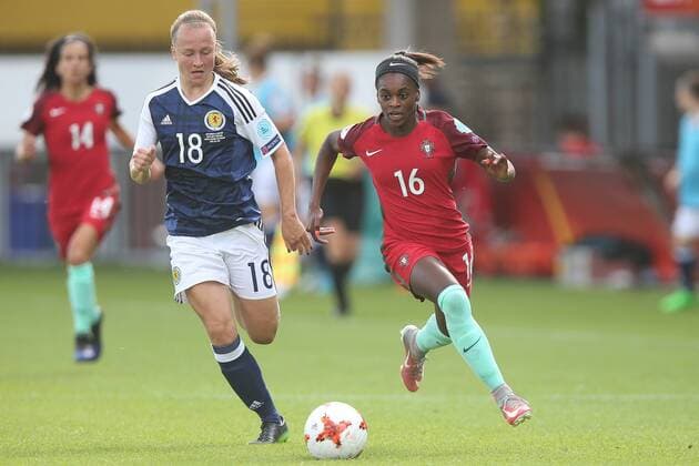 Rachel McLauchlan of Scotland women, Diana Silva of Portugal women during the UEFA WEURO 2017 Group D group stage match between Scotland and Portugal at the Sparta stadium Het Kasteel on July 23, 2017 in Rotterdam, The Netherlands Women: Scotland v Portugal UEFA WEURO 2017 2017 2018 xVIxVIxImagesx xTomxBodexMultimediaxIVx 8296124