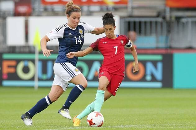 Rachel Corsie of Scotland women, Claudia Neto of Portugal women during the UEFA WEURO 2017 Group D group stage match between Scotland and Portugal at the Sparta stadium Het Kasteel on July 23, 2017 in Rotterdam, The Netherlands Women: Scotland v Portugal UEFA WEURO 2017 2017 2018 xVIxVIxImagesx xTomxBodexMultimediaxIVx 8296569