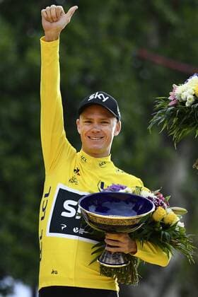 British Chris Froome of Team Sky celebrates on the podium in the yellow jersey of leader in the overall ranking after the 104th edition of the Tour de France cycling race, in Paris, France, Sunday 23 July 2017. This year s Tour de France takes place from July first to July 23rd. YORICKxJANSENS  x05137555x