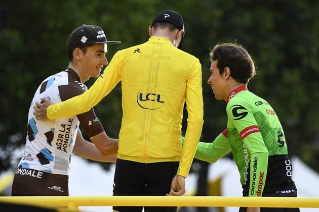 French Romain Bardet of AG2R La Mondiale, British Chris Froome of Team Sky and Colombian Rigoberto Uran of Cannondale Drapac Professional Cycling Team pictured on the podium after the 104th edition of the Tour de France cycling race, in Paris, France, Sunday 23 July 2017. This year s Tour de France takes place from July first to July 23rd. YORICKxJANSENS  x05137572x
