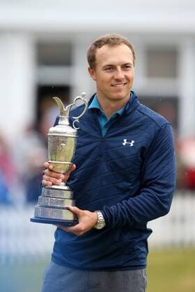 23rd July 2017, Royal Birkdale Golf Club, Southport, England; The 146th Open Golf Championship, fourth round ; Jordan Spieth (USA) smiles as he holds the Open Championship claret jug trophy as Champion Golfer of the Year xDavidxBlunsdenx  ActionPlus11905760
