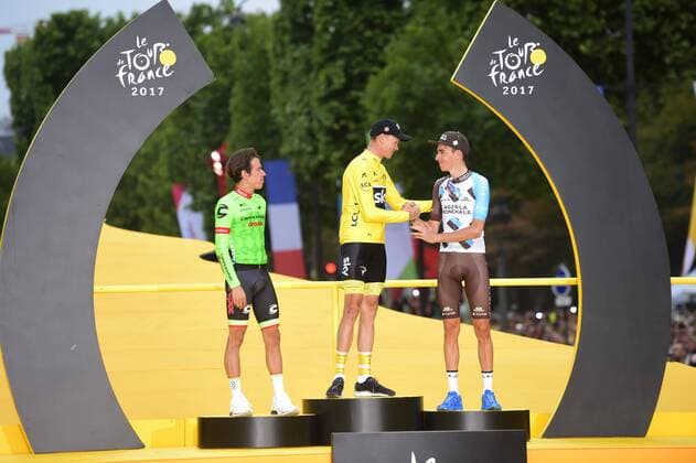 PARIS, FRANCE - JULY 23 : FROOME Christopher of Team Sky, URAN Rigoberto of Cannondale-Drapac Pro Cycling Team, BARDET Romain of AG2R La Mondiale pictured during the podium ceremony after during stage 21 of the 104th edition of the 2017 Tour de France cycling race, a stage of 103 kms between Montgeron and Paris Champs-Elysees on July 23, 2017 in Paris, France, 23 07 17 CYCLISME : Tour de France 2017 - Etape 21 - Montgeron to paris champs elysees - 23 07 2017 PHOTONEWS PANORAMIC 