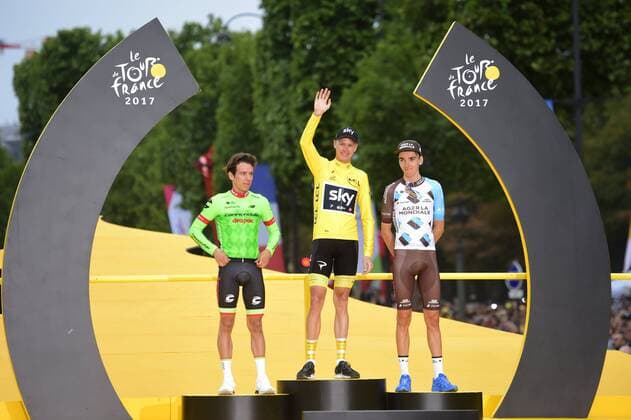 PARIS, FRANCE - JULY 23 : FROOME Christopher of Team Sky, URAN Rigoberto of Cannondale-Drapac Pro Cycling Team, BARDET Romain of AG2R La Mondiale pictured during the podium ceremony after during stage 21 of the 104th edition of the 2017 Tour de France cycling race, a stage of 103 kms between Montgeron and Paris Champs-Elysees on July 23, 2017 in Paris, France, 23 07 17 CYCLISME : Tour de France 2017 - Etape 21 - Montgeron to paris champs elysees - 23 07 2017 PHOTONEWS PANORAMIC 
