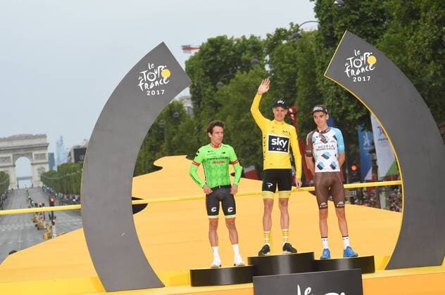 23-07-2017 Tour De France; Tappa 21 Montgeron - Paris; 2017, Team Sky; 2017, Cannondale - Drapac; 2017, Ag2r La Mondiale; Froome, Christopher; Uran, Rigoberto; Bardet, Romain; Paris; 