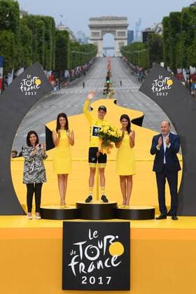 British Chris Froome of Team Sky celebrates on the podium in the yellow jersey of leader in the overall ranking after the 104th edition of the Tour de France cycling race, in Paris, France, Sunday 23 July 2017. This year s Tour de France takes place from July first to July 23rd. POOLxFRANCKxFAUGERE  x05137748x