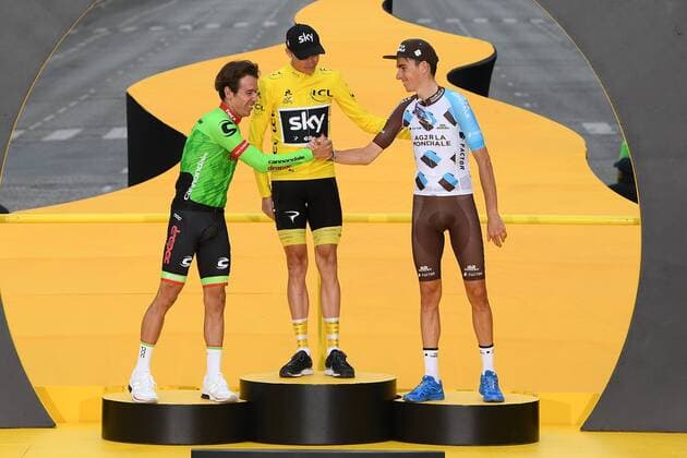 Colombian Rigoberto Uran of Cannondale Drapac Professional Cycling Team, British Chris Froome of Team Sky and French Romain Bardet of AG2R La Mondiale celebrate on the podium after the 104th edition of the Tour de France cycling race, in Paris, France, Sunday 23 July 2017. This year s Tour de France takes place from July first to July 23rd. POOLxFRANCKxFAUGERE  x05137734x