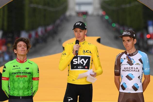 Colombian Rigoberto Uran of Cannondale Drapac Professional Cycling Team, British Chris Froome of Team Sky and French Romain Bardet of AG2R La Mondiale celebrate on the podium after the 104th edition of the Tour de France cycling race, in Paris, France, Sunday 23 July 2017. This year s Tour de France takes place from July first to July 23rd. POOLxFRANCKxFAUGERE  x05137731x