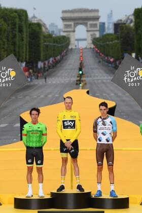 Colombian Rigoberto Uran of Cannondale Drapac Professional Cycling Team, British Chris Froome of Team Sky and French Romain Bardet of AG2R La Mondiale celebrate on the podium after the 104th edition of the Tour de France cycling race, in Paris, France, Sunday 23 July 2017. This year s Tour de France takes place from July first to July 23rd. POOLxFRANCKxFAUGERE  x05137738x
