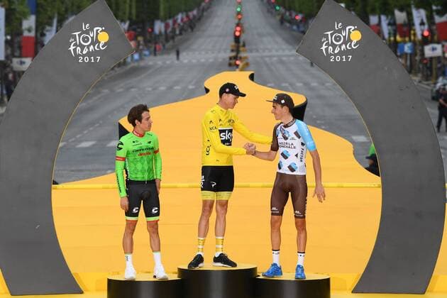 Colombian Rigoberto Uran of Cannondale Drapac Professional Cycling Team, British Chris Froome of Team Sky and French Romain Bardet of AG2R La Mondiale celebrate on the podium after the 104th edition of the Tour de France cycling race, in Paris, France, Sunday 23 July 2017. This year s Tour de France takes place from July first to July 23rd. POOLxFRANCKxFAUGERE  x05137745x