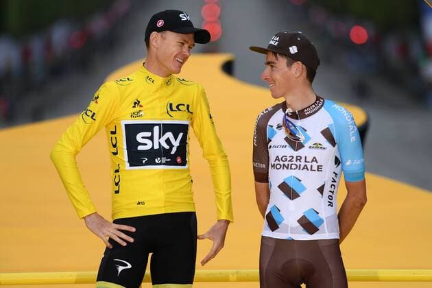 British Chris Froome of Team Sky and French Romain Bardet of AG2R La Mondiale celebrate on the podium after the 104th edition of the Tour de France cycling race, in Paris, France, Sunday 23 July 2017. This year s Tour de France takes place from July first to July 23rd. POOLxFRANCKxFAUGERE  x05137733x