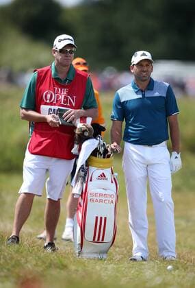 23rd July 2017, Royal Birkdale Golf Club, Southport, England; The 146th Open Golf Championship, fourth round ; Sergio Garcia (ESP) discusses his second shot from the rough with his caddie on the 8th hole xDavidxBlunsdenx  ActionPlus11905781
