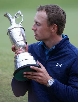 23rd July 2017, Royal Birkdale Golf Club, Southport, England; The 146th Open Golf Championship, fourth round ; Jordan Spieth (USA) kisses the Open Championship claret jug trophy xDavidxBlunsdenx  ActionPlus11905790