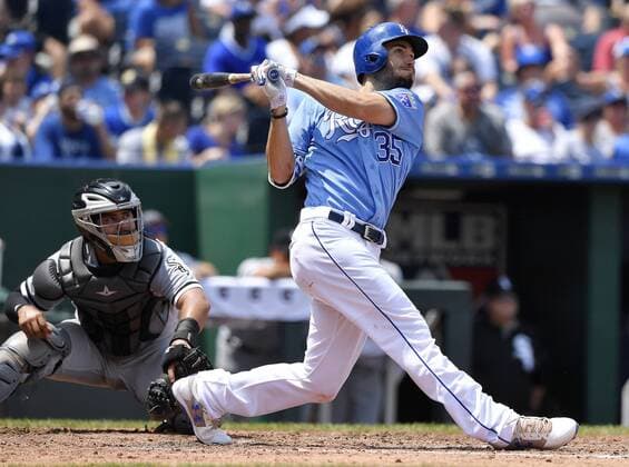 July 23, 2017 - Kansas City, MO, USA - Kansas City Royals Eric Hosmer follows through on a solo home run in the fourth inning against the Chicago White Sox on Sunday, July 23, 2017 at Kauffman Stadium in Kansas City, Mo. Chicago White Sox vs. Kansas City Royals - ZUMAm67_ 20170723_zaf_m67_008 Copyright: xJohnxSleezerx