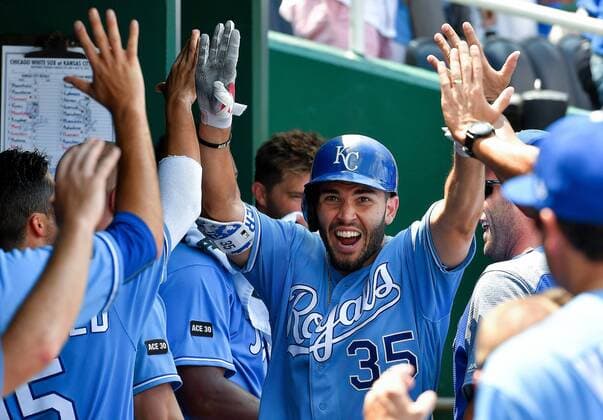 July 23, 2017 - Kansas City, MO, USA - Kansas City Royals Eric Hosmer is congratulated after his fourth inning solo home run against the Chicago White Sox on Sunday, July 23, 2017 at Kauffman Stadium in Kansas City, Mo. Chicago White Sox vs. Kansas City Royals - ZUMAm67_ 20170723_zaf_m67_011 Copyright: xJohnxSleezerx