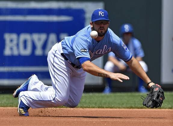 July 23, 2017 - Kansas City, MO, USA - Kansas City Royals relief pitcher Mike Minor makes the stop on a single by Chicago White Sox s Avisail Garcia, but didn t have time to make the throw in the first inning on Sunday, July 23, 2017 at Kauffman Stadium in Kansas City, Mo. Chicago White Sox vs. Kansas City Royals - ZUMAm67_ 20170723_zaf_m67_017 Copyright: xJohnxSleezerx