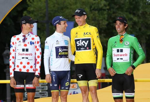 (From L to R) Warren Barguil of France, Simon Yates of Great Britain, Chris Froome of Great Britain and Mike Matthews of Australia arrive on the presentation podium after the conclusion of the Tour de France in Paris on July 23, 2017. Froome claimed his fourth overall Tour victory.  PAR20170723048 DAVIDxSILPA