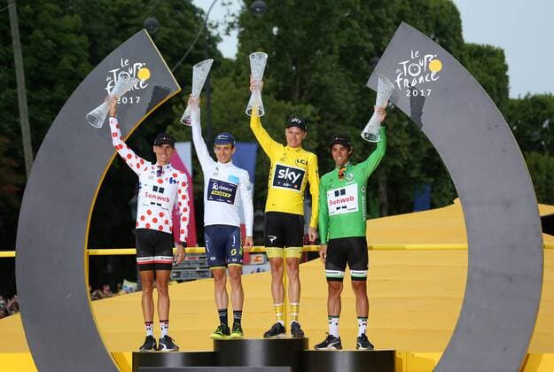 (From L to R) Warren Barguil of France, Simon Yates of Great Britain, Chris Froome of Great Britain and Mike Matthews of Australia celebrate on the presentation podium after the conclusion of the Tour de France in Paris on July 23, 2017. Froome claimed his fourth overall Tour victory.  PAR20170723050 DAVIDxSILPA