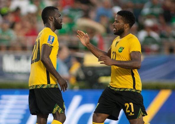 (170724) -- PASADENA, July 24, 2017 -- Kemar Lawrence (L) of Jamaica celebrates scoring with his teammate Jermaine Taylor during the semifinal of the CONCACAF Gold Cup soccer tournament between Jamaica and Mexico at the Rose Bowl in Pasadena, the United States, on July 23, 2017. Jamaica advanced to the final with 1-0.) (wll) (SP)U.S.-PASADENA-SOCCER-CONCACAF GOLD CUP-SEMIFINAL-JAM VS MEX JavierxRojas 