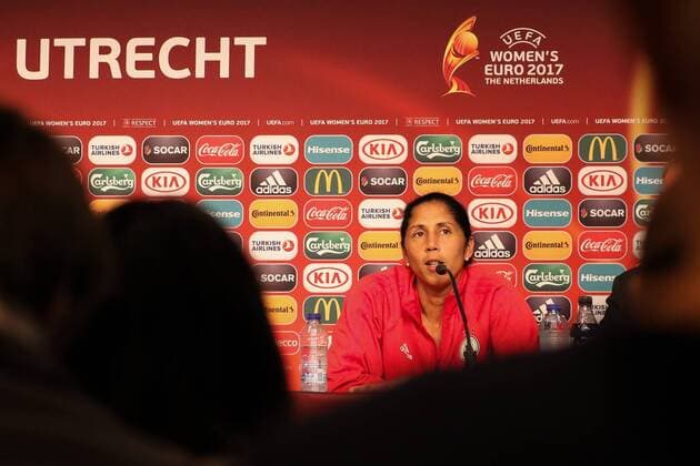 Themen der Woche - SPORT Themen der Woche - SPORT Bilder des Tages - SPORT Fußball, Frauen EM, DFB Pressekonferenz Steffi Jones (Stephanie Ann Jones, Trainerin, Bundestrainerin, DFB-Frauen), bei der Pressekonferenz, Abschlusspressekonferenz, PK, press conference PK Pressekonferenz Pressetermin im Media Center, im Vorfeld des Spiels, Fussball, UEFA Women s EURO 2017, MD-1, Russland - Deutschland, xozx