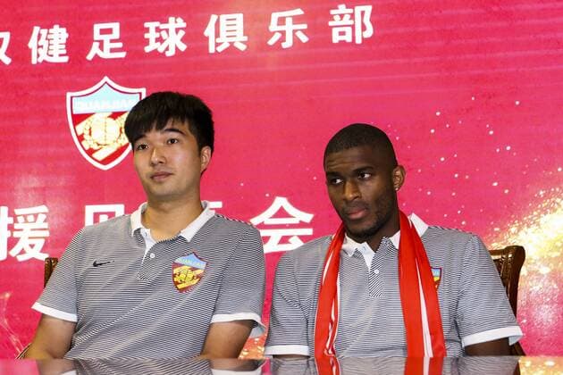 French football star Anthony Modeste, right, attends a press conference PK Pressekonferenz of Tianjin Quanjian Football Club in Tianjin, China, 17 July 2017. Anthony Modeste  20170717_83636