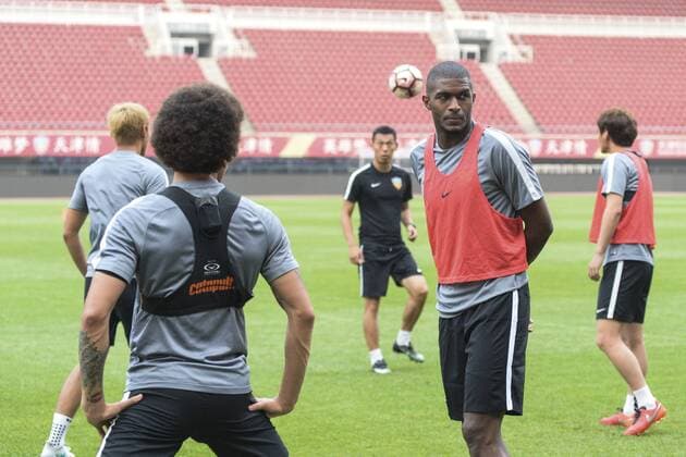 French football star Anthony Modeste, front right, and teammates take part in a training session of Tianjin Quanjian Football Club in Tianjin, China, 15 July 2017. Anthony Modeste  pbu653105_23