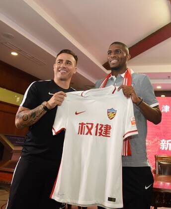 Italian head coach Fabio Cannavaro of Tianjin Quanjian Football Club, left, and French football star Anthony Modeste attend a press conference PK Pressekonferenz in Tianjin, China, 17 July 2017. Anthony Modeste  20170717_48411
