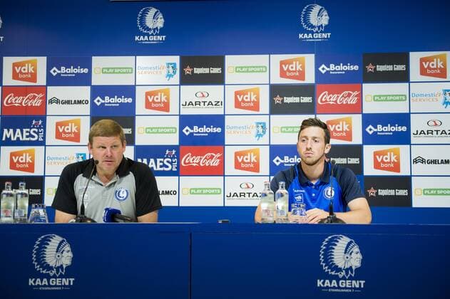 Gent s head coach Hein Vanhaezebrouck and Gent s Brecht Dejaegere pictured during a press conference PK Pressekonferenz of Belgian first division soccer team KAA Gent ahead of the first leg of the third qualifying round for the UEFA Europa League competition, Wednesday 26 July 2017 in Gent. KAA Gent plays against Austrian team Altach on Thursday. JASPERxJACOBS  x05139051x