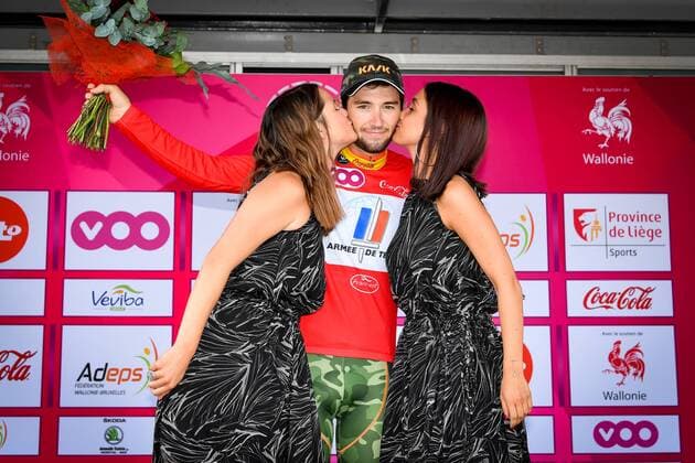 French Benjamin Thomas of Armee de Terre celebrates on the podium wearing the red jersey after the fifth and final stage of the 38th edition of the Tour de Wallonie (Ronde van Wallonie), 182,6km from Chievres to Thuin, Wednesday 26 July 2017. This year s edition of the Tour de Wallonie takes plave from 22 to 26 July. LUCxCLAESSEN  x05139174x