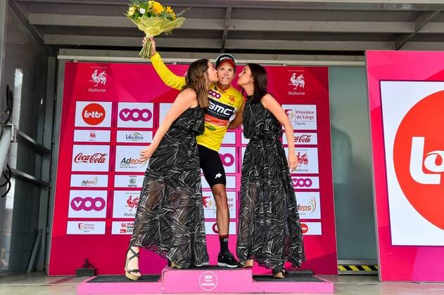 Belgian Dylan Teuns of BMC Racing Team celebrates on the podium in the yellow jersey of leader in the overall ranking after winning the fifth and final stage of the 38th edition of the Tour de Wallonie (Ronde van Wallonie), 182,6km from Chievres to Thuin, Wednesday 26 July 2017. This year s edition of the Tour de Wallonie takes plave from 22 to 26 July. LUCxCLAESSEN  x05139184x