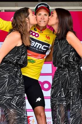 Belgian Dylan Teuns of BMC Racing Team celebrates on the podium in the yellow jersey of leader in the overall ranking after winning the fifth and final stage of the 38th edition of the Tour de Wallonie (Ronde van Wallonie), 182,6km from Chievres to Thuin, Wednesday 26 July 2017. This year s edition of the Tour de Wallonie takes plave from 22 to 26 July. LUCxCLAESSEN  x05139183x