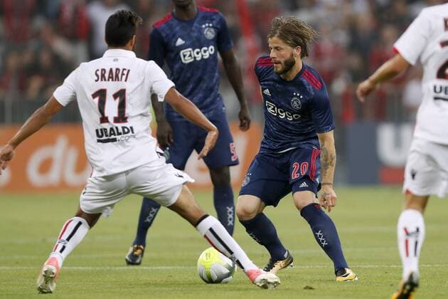 (L-R) Bassem Srarfi of OCG Nice, Lasse Schone of Ajax during the UEFA Champions League third round qualifying first leg match between OGC Nice and Ajax Amsterdam on July 26, 2017 at the Allianz Riviera in Nice, France OGC Nice v Ajax UEFA Champions League 2017 2018 xVIxVIxImagesx xMauricexvanxSteenxIVx 8316888
