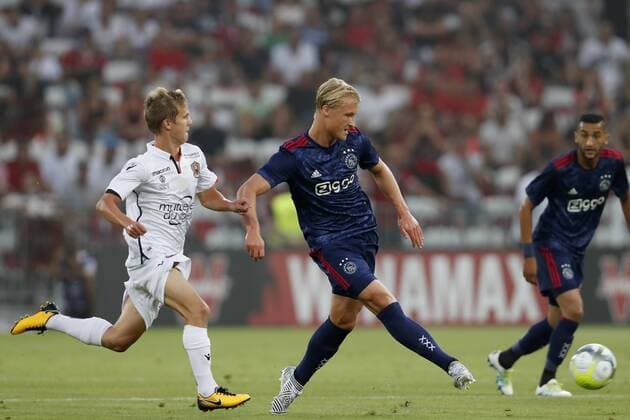 (L-R) Vincent Koziello of OCG Nice, Kasper Dolberg of Ajax during the UEFA Champions League third round qualifying first leg match between OGC Nice and Ajax Amsterdam on July 26, 2017 at the Allianz Riviera in Nice, France OGC Nice v Ajax UEFA Champions League 2017 2018 xVIxVIxImagesx xMauricexvanxSteenxIVx 8316892
