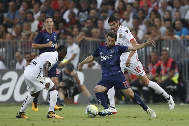 (L-R) Jean Michel Seri of OCG Nice, Nick Viergever of Ajax, Amin Younes of Ajax, Pierre Lees-Melou of OCG Nice during the UEFA Champions League third round qualifying first leg match between OGC Nice and Ajax Amsterdam on July 26, 2017 at the Allianz Riviera in Nice, France OGC Nice v Ajax UEFA Champions League 2017 2018 xVIxVIxImagesx xMauricexvanxSteenxIVx 8316898