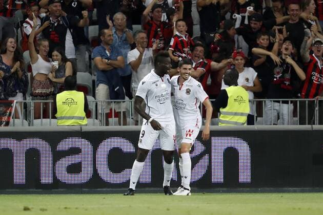 (L-R) Mario Balotelli of OCG Nice, Pierre Lees-Melou of OCG Nice during the UEFA Champions League third round qualifying first leg match between OGC Nice and Ajax Amsterdam on July 26, 2017 at the Allianz Riviera in Nice, France OGC Nice v Ajax UEFA Champions League 2017 2018 xVIxVIxImagesx xMauricexvanxSteenxIVx 8317132