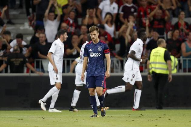 (L-R) Pierre Lees-Melou of OCG Nice, Joel Veltman of Ajax, Mario Balotelli of OCG Nice during the UEFA Champions League third round qualifying first leg match between OGC Nice and Ajax Amsterdam on July 26, 2017 at the Allianz Riviera in Nice, France OGC Nice v Ajax UEFA Champions League 2017 2018 xVIxVIxImagesx xMauricexvanxSteenxIVx 8317134