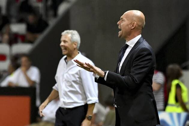 Marcel Keizer (Entraineur de l Ajax) - Lucien Favre (Entraineur OGC Nice) FOOTBALL : OGC Nice vs Ajax - Tour preliminaire de ligue des champions - Nice - 26 07 2017 NorbertScanella Panoramic 