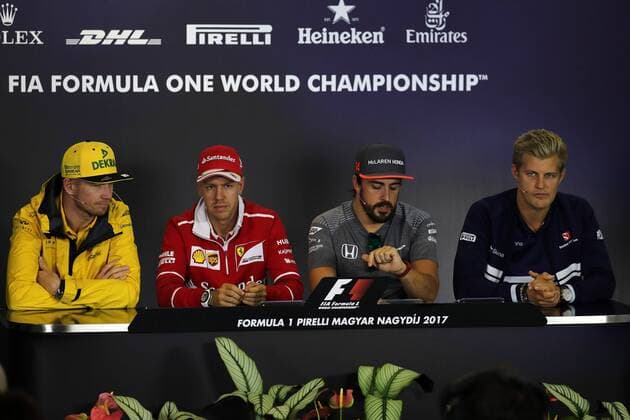 Hungarian Grand Prix, Hungaroring 27 - 30 July 2017 27.07.2017 - press conference PK Pressekonferenz Nico Hulkenberg (GER) Renault F1 Team RS17, Sebastian Vettel (GER) Scuderia Ferrari SF70H, Fernando Alonso (ESP) McLaren MCL32 and Marcus Ericsson (SUE) Sauber C36 