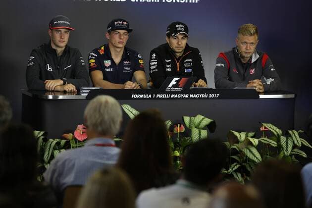 Hungarian Grand Prix, Hungaroring 27 - 30 July 2017 27.07.2017 - press conference PK Pressekonferenz Stoffel Vandoorne (BEL) McLaren MCL32, Max Verstappen (NED) Red Bull Racing RB13, Sergio Perez (MEX) Sahara Force India F1 VJM010 and Kevin Magnussen (DEN) Haas F1 Team VF-17 