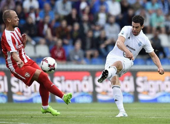 Soccer player JAKUB RADA (right) of M. Boleslav and SEBINO PLAKU of Skenderbeu in action during the Football Europa League, 3rd qualifying round, 1st leg: Mlada Boleslav vs Skenderbeu in Mlada Boleslav, Czech Republic, July 27, 2017. (CTKxPhoto RadekxPetrasek) CTKPhotoP201707270926801  _PER9439