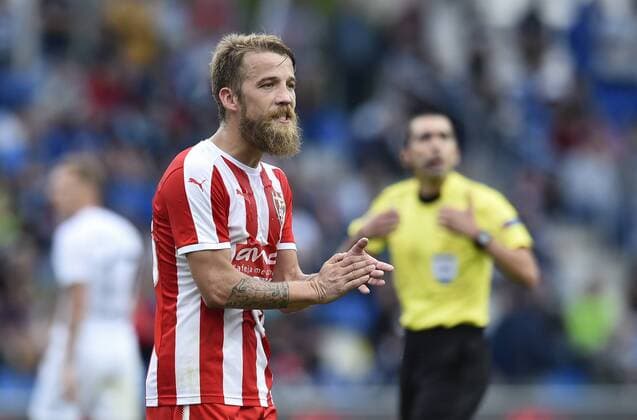 Soccer player Marko Radas of Skenderbeu in action during the Football Europa League, 3rd qualifying round, 1st leg: Mlada Boleslav vs Skenderbeu in Mlada Boleslav, Czech Republic, July 27, 2017. (CTKxPhoto RadekxPetrasek) CTKPhotoP201707270932401  _PER9461