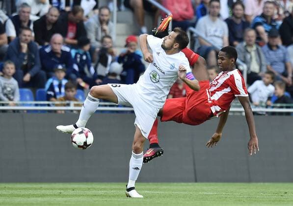 Soccer player MAREK MATEJOVSKY (left) of M. Boleslav and BAKARY NIMAGA of Skenderbeu in action during the Football Europa League, 3rd qualifying round, 1st leg: Mlada Boleslav vs Skenderbeu in Mlada Boleslav, Czech Republic, July 27, 2017. (CTKxPhoto RadekxPetrasek) CTKPhotoP201707270936201  _PER9482