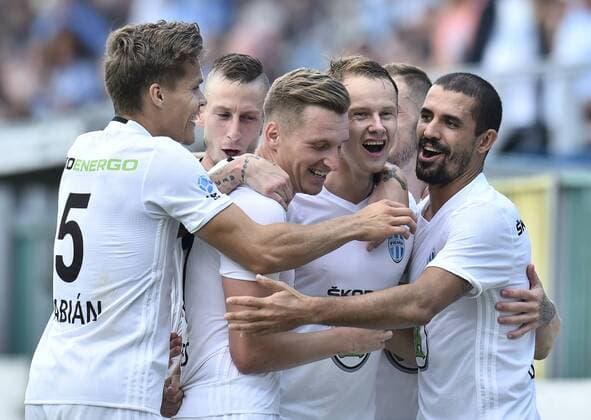 Soccer player Jan Chramosta (2nd right) of M. Boleslav celebrates a goal during the Football Europa League, 3rd qualifying round, 1st leg: Mlada Boleslav vs Skenderbeu in Mlada Boleslav, Czech Republic, July 27, 2017. (CTKxPhoto RadekxPetrasek) CTKPhotoP201707270945101  _PER9578