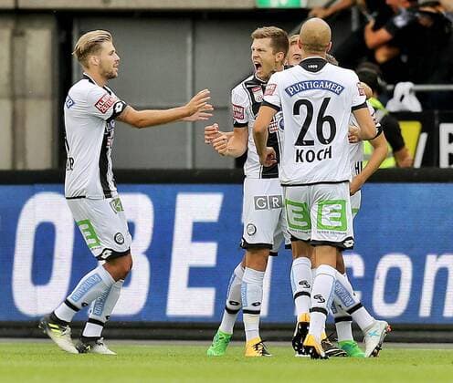 SOCCER - EL quali, Sturm vs Fenerbahce GRAZ,AUSTRIA,27.JUL.17 - SOCCER - UEFA Europa League qualification, SK Sturm Graz vs Fenerbahce Istanbul. Image shows the rejoicing of Sturm with Deni Alar (Sturm) and Fabian Koch (Sturm). GEPAxpictures xM.xOberlaender