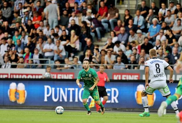 SOCCER - EL quali, Sturm vs Fenerbahce GRAZ,AUSTRIA,27.JUL.17 - SOCCER - UEFA Europa League qualification, SK Sturm Graz vs Fenerbahce Istanbul. Image shows Mathieu Valbuena (Fenerbahce) and Sandi Lovric (Sturm). GEPAxpictures xM.xOberlaender