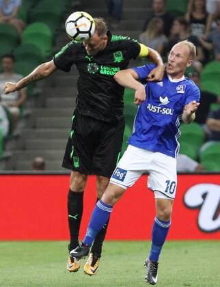 KRASNODAR, RUSSIA - JULY 27, 2017: FC Krasnodar s Andreas Granqvist (L), and FC Lyngby s Mikkel Jensen jump to head the ball in the first leg of their 2017 2018 UEFA Europa League third qualifying round tie at Krasnodar Stadium. Vitaly Timkiv TASS  TS05932A