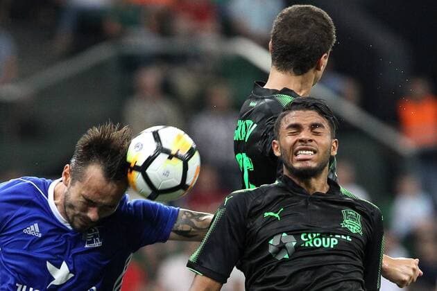 KRASNODAR, RUSSIA - JULY 27, 2017: FC Lyngby s Oliver Lund (L), and FC Krasnodar s Wanderson (R front) in action in the first leg of their 2017 2018 UEFA Europa League third qualifying round tie at Krasnodar Stadium. Vitaly Timkiv TASS  TS05932B
