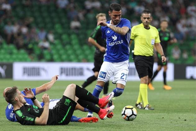 KRASNODAR, RUSSIA - JULY 27, 2017: FC Lyngby s David Boysen (C running) in the first leg of their 2017 2018 UEFA Europa League third qualifying round tie with FC Krasnodar at Krasnodar Stadium. Vitaly Timkiv TASS  TS059325